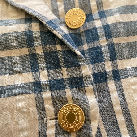Olivvi NWT Cream and Blue Fitted Plaid Blazer  Jacket ,Gold Logo Button ,Size L - Picture 5 of 13
